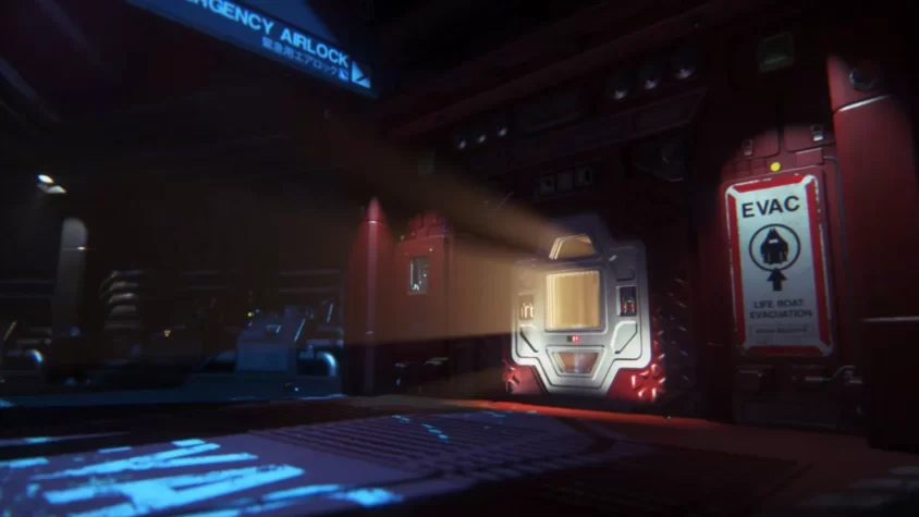 Кадр из игры Alien: Isolation с видом на аварийный шлюз и знаки эвакуации