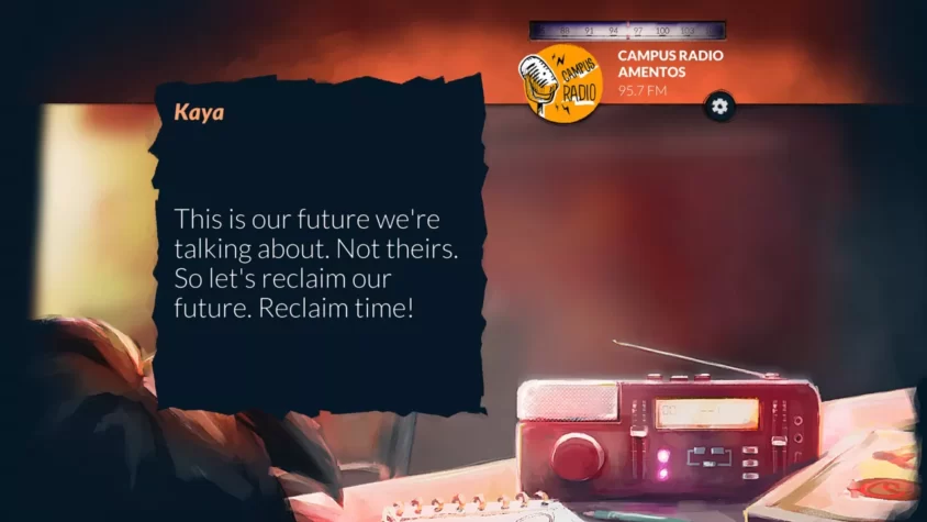 Персонаж в игре Alt-Frequencies заявляет, что будущее — это их выбор, а не других, на фоне радиоприёмника и яркого оформления