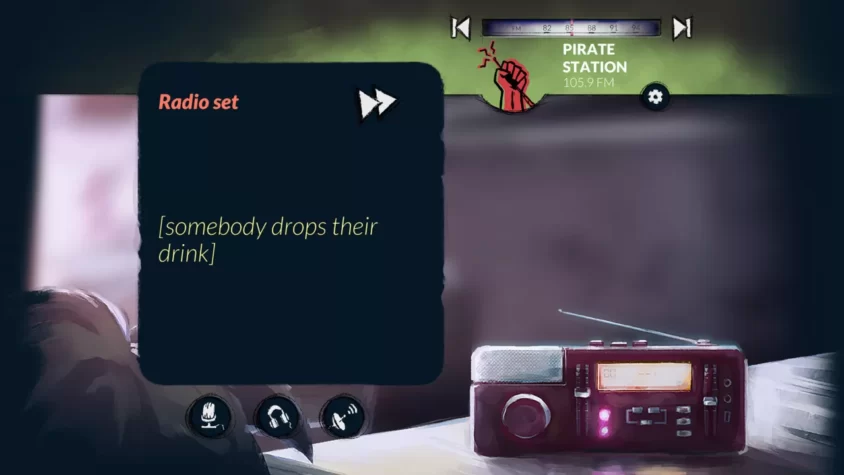 Персонажи в игре Alt-Frequencies, видимо, стали свидетелями того, как кто-то уронил свой напиток, на фоне пиратского радиовещания