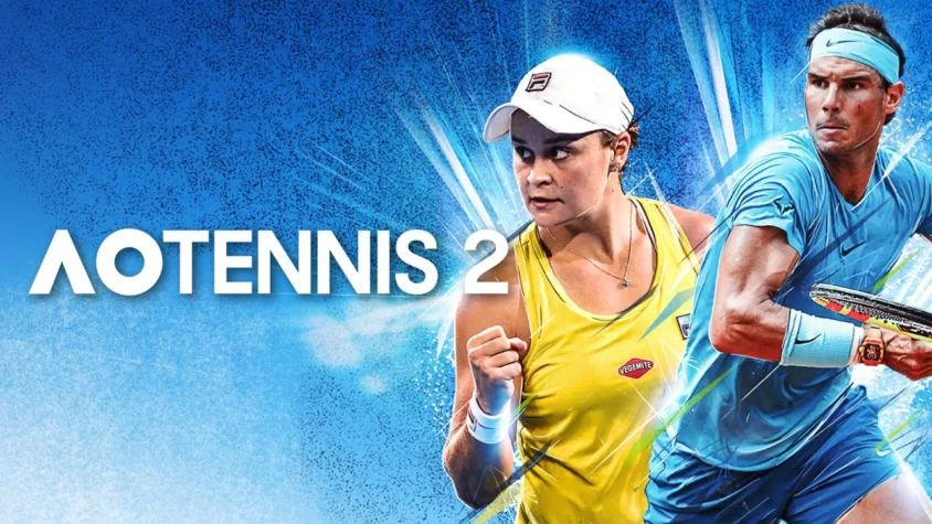 Обложка игры AO Tennis 2 Обложка игры AO Tennis 2 с изображением двух теннисистов, включая Рафу Надаля