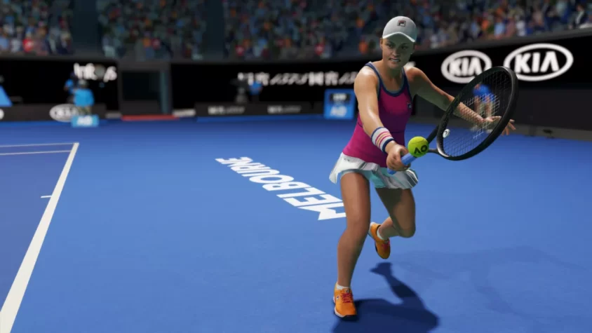 Игрок в AO Tennis 2 делает подачу на корте с логотипом Melbourne