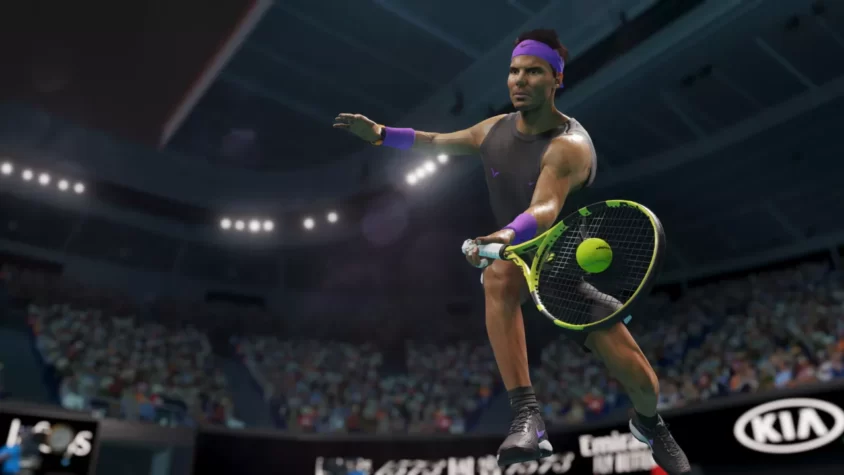 Рафель Надаль в игре AO Tennis 2 на корте, готовится к удару