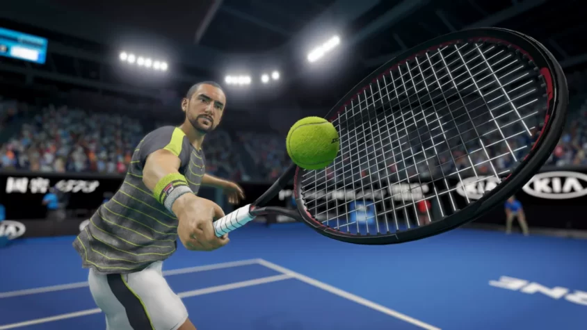 Игрок в AO Tennis 2 делает мощный удар по мячу на корте