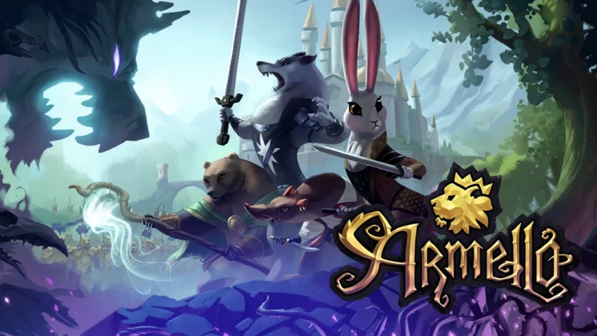Обложка игры Armello с изображением персонажей, готовых к бою, и мистического фона