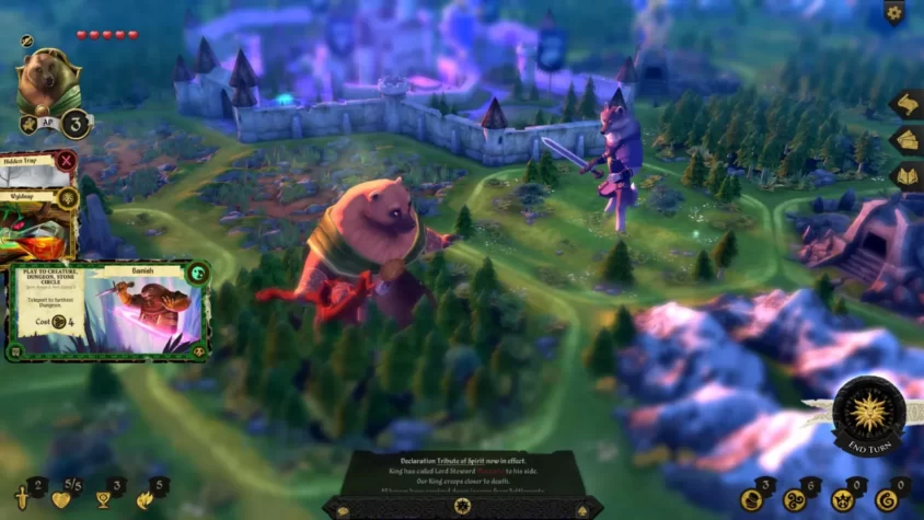 Персонажи медведя и волка на игровом поле Armello, в окружении карт и анимации