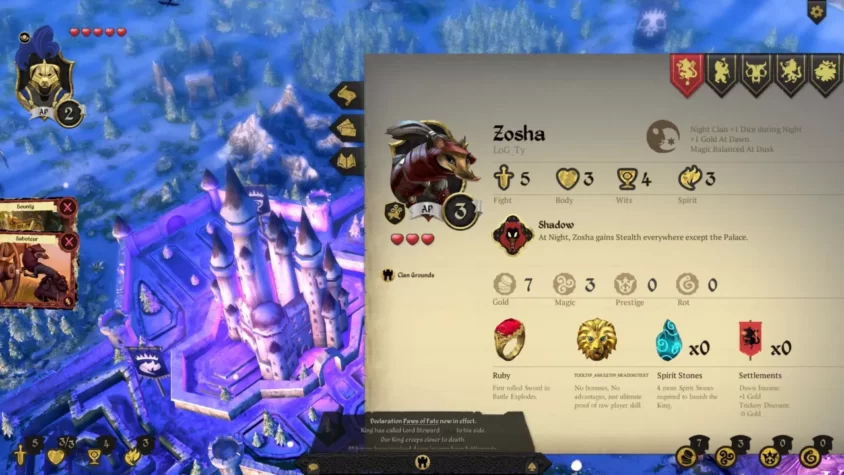 Персонаж Zosha в Armello с деталями её статистики и окружением фэнтезийного замка