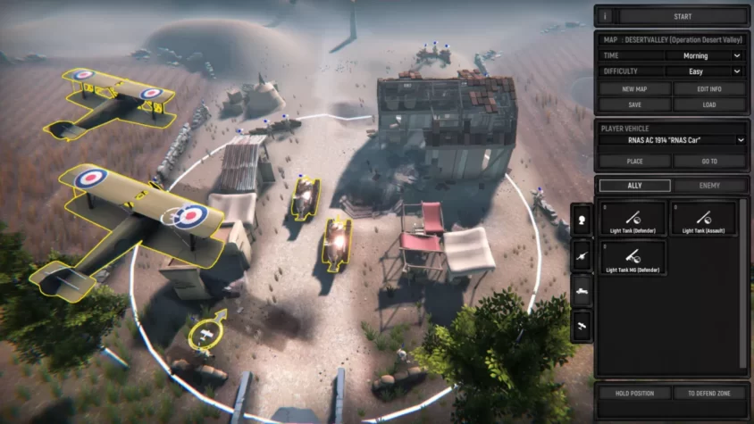Игровой интерфейс в Armored Battle Crew с танками и самолётами на фоне разрушенного здания