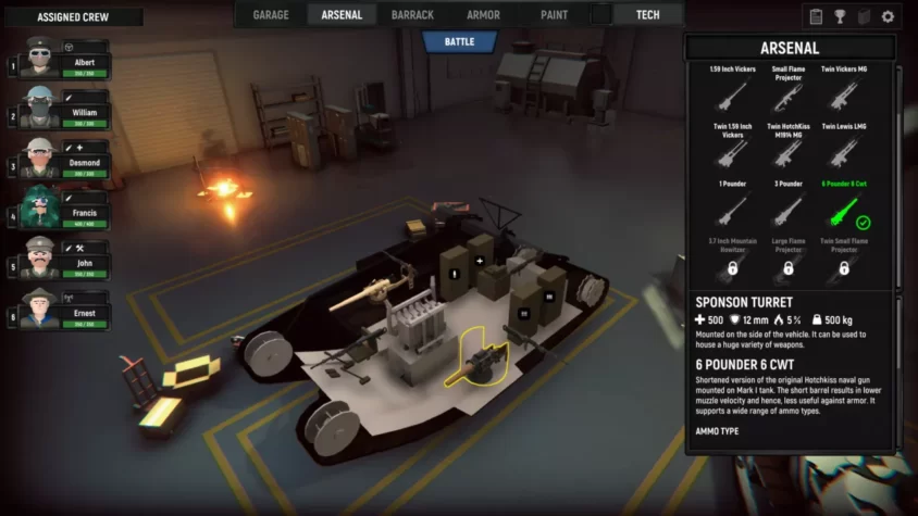 Интерфейс управления арсеналом с выбором оружия и экипажа в Armored Battle Crew