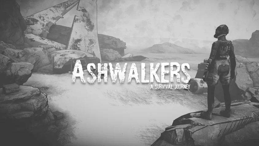 Ashwalkers: Путеводитель по пепельному миру Обложка игры Ashwalkers, постапокалиптическая сцена с персонажем в костюме на фоне разрушенного мира