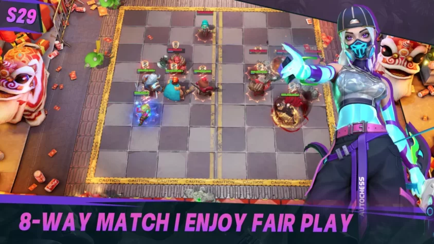 Сражение в стиле Auto Chess с участием множества героев, схватившихся на шахматной доске