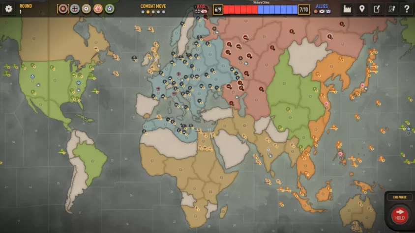 Глобальная карта игры Axis & Allies 1942 Online, с расставленными войсками и контролируемыми территориями