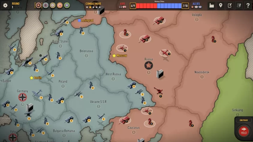 Часть карты Axis & Allies 1942 Online с сражениями в Восточной Европе и СССР