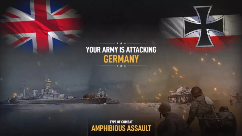 Атака Великобритании на Германию в игре Axis & Allies 1942 Online с изображением флота и танков