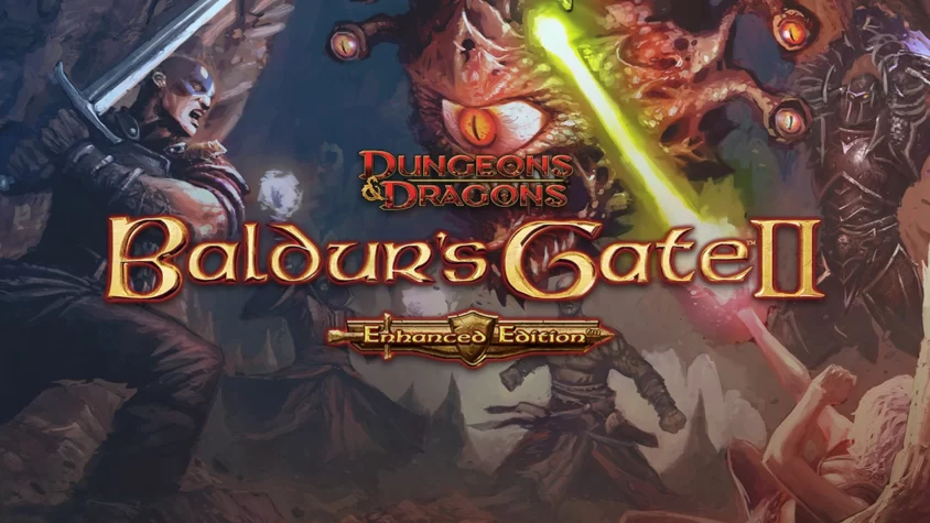 Обложка игры Baldur's Gate 2, показывающая эпическую битву с участием героев и монстров