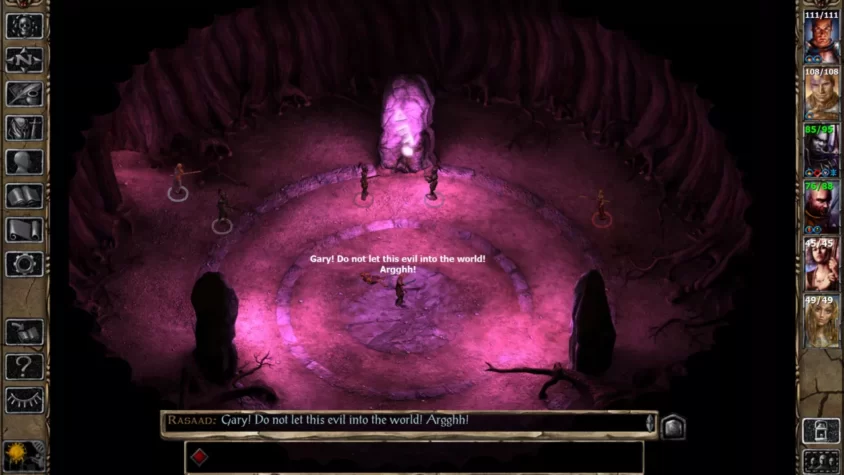 Персонажи игры Baldur's Gate 2 на арене, пытающиеся остановить зло, которое может войти в мир