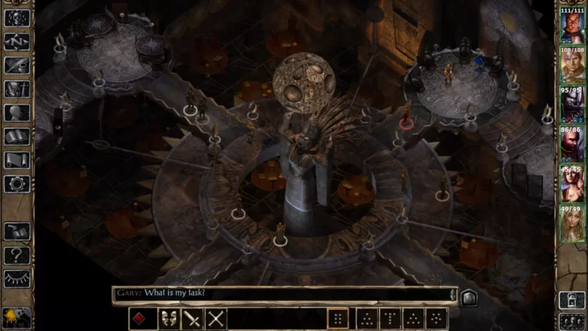 Персонажи игры Baldur's Gate 2 обсуждают свою задачу в темной комнате с мистическим артефактом