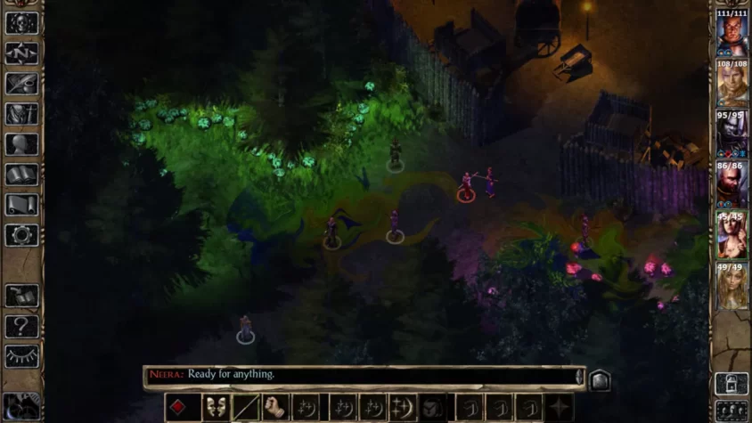 Персонажи игры Baldur's Gate 2 в лесу, готовые к битве среди мистических растений и магического сияния