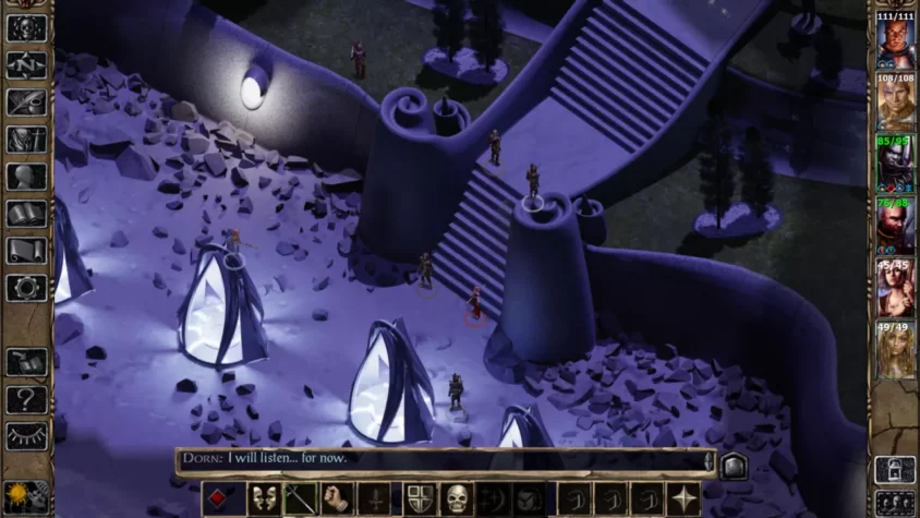 Персонажи игры Baldur's Gate 2 на фоне разрушенной площади, обсуждают свои следующие шаги