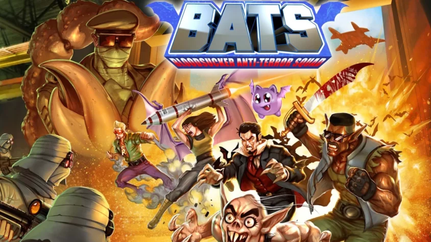 Обложка игры BATS: Bloodsucker Anti-Terror Squad, где главный герой сражается с монстрами и террористами, оружие и экшн на переднем плане