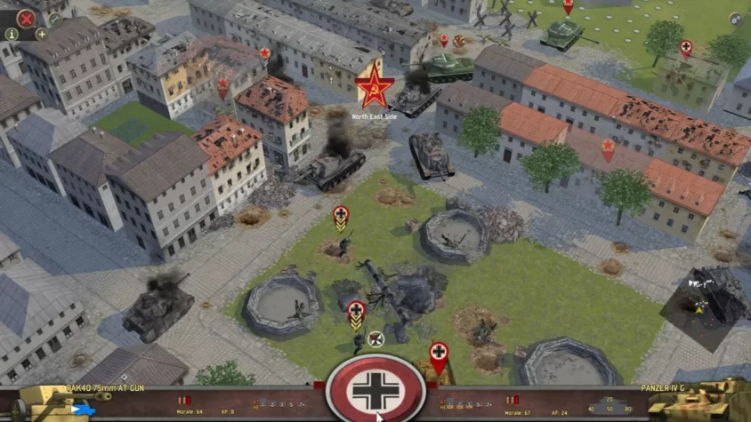 Геймплей Battle Academy 2: Eastern Front с разрушенными зданиями и танками на улицах города