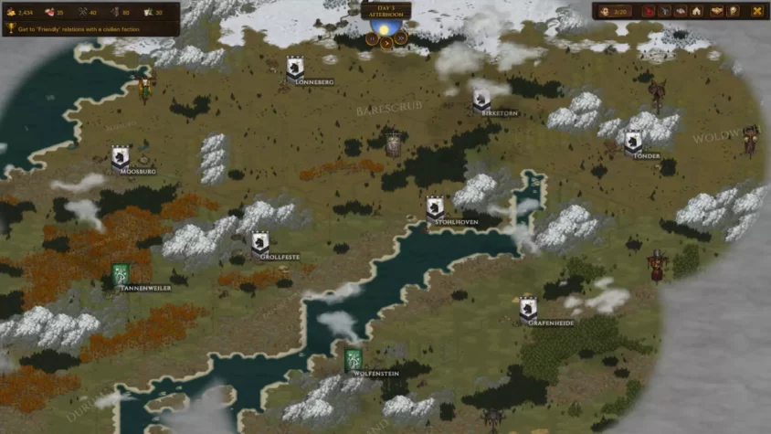 Карта мира в Battle Brothers, где можно путешествовать и принимать решения по пути