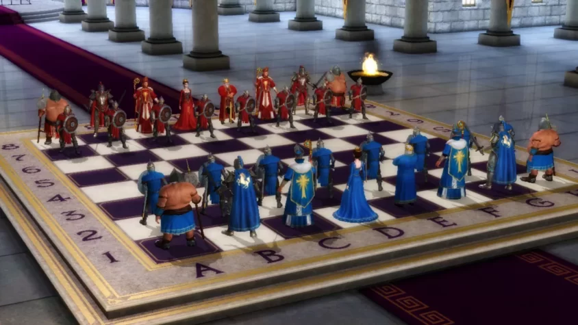 Шахматное поле игры Battle Chess, на котором фигуры сражаются в фэнтезийной обстановке
