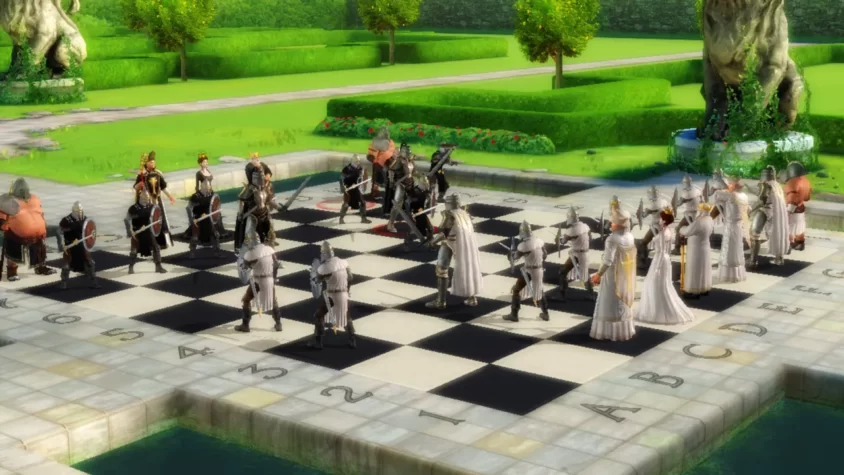 Шахматная битва в Battle Chess на зеленом поле с фэнтезийными рыцарями и королями