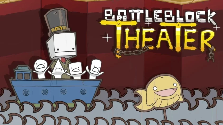 Обложка игры BattleBlock Theater Бойцы на корабле в волнах, с рыбой в углу, ироничный стиль игры BattleBlock Theater