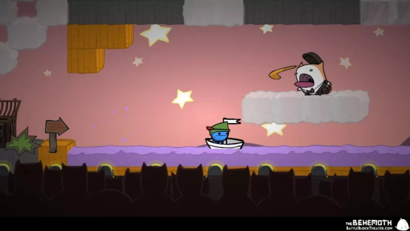 Персонажи сражаются на лодке среди облаков и звезд в игре BattleBlock Theater