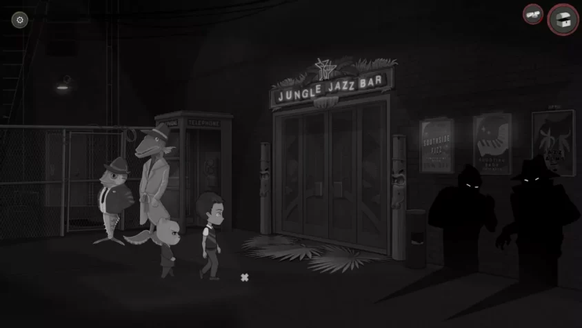 Герои идут по улице к бару 'Jungle Jazz Bar', мимо телефонов и постеров, с таинственными тенями на заднем плане