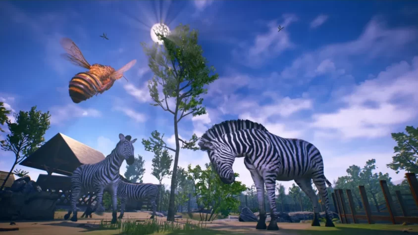 Пчела летит среди зебр в мире Bee Simulator