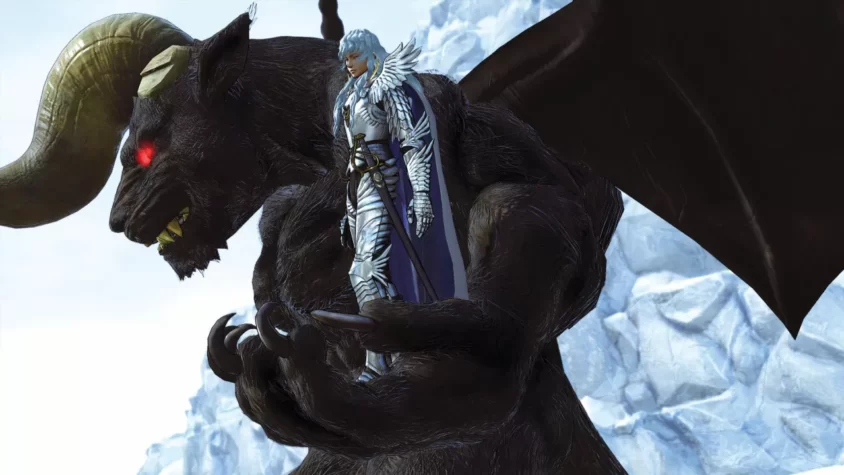 Гриффит и его великолепная поза на фоне гигантского монстра в Berserk and the Band of the Hawk