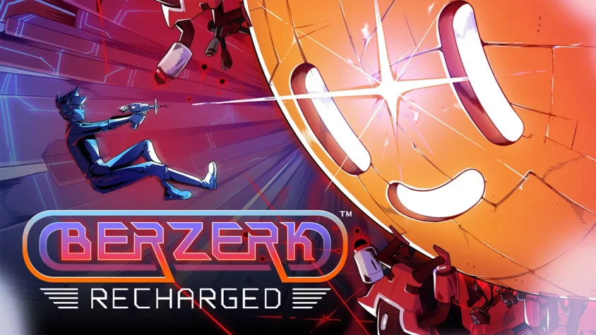 Обложка игры Berzerk: Recharged, где главный герой стреляет в роботов, а сам выглядит как герой из 80-х