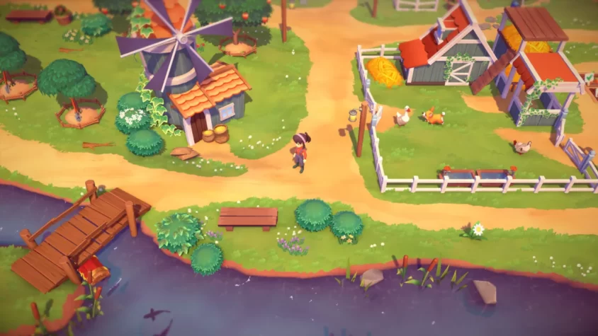 Вид на ферму с мельницей, домом и гуляющими животными в игре Big Farm Story