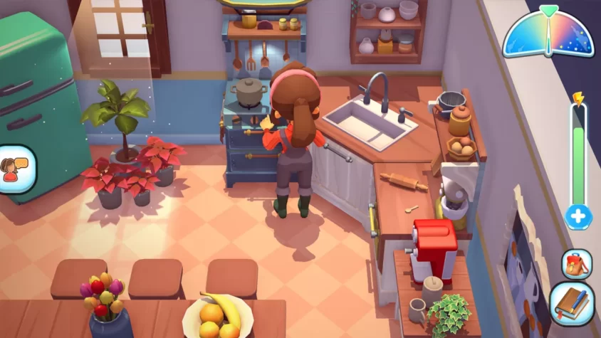 Кухня в игре Big Farm Story с элементами интерьера и персонажем, готовящим еду