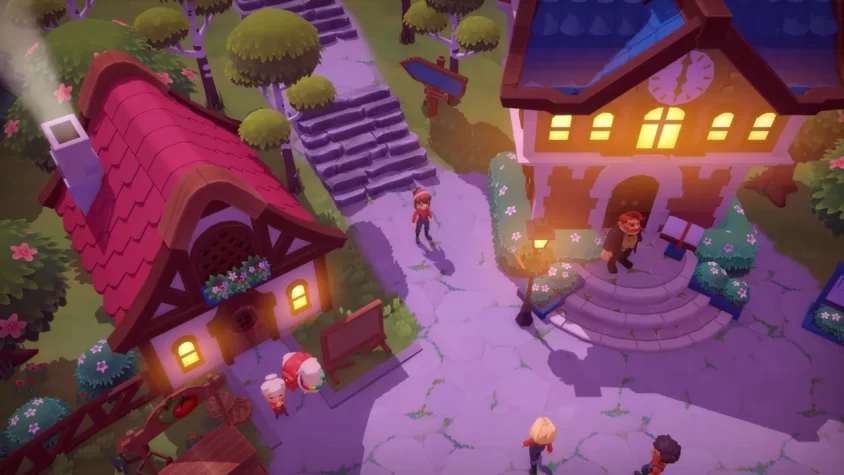 Городская площадь с домами и персонажами в игре Big Farm Story