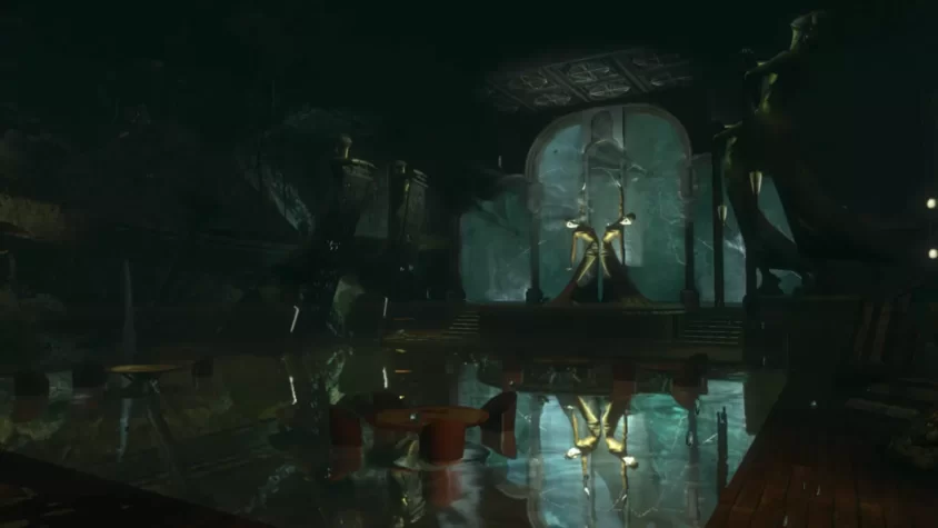Вид на загадочную и темную комнату с отражениями в воде в BioShock 2 Remastered