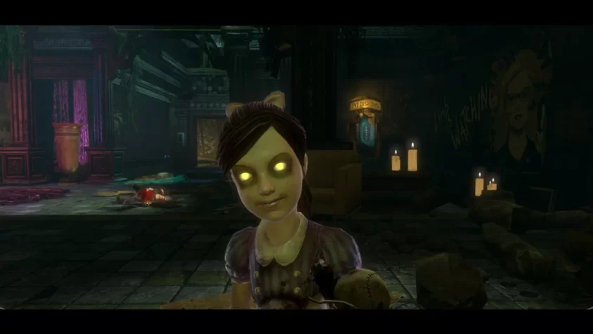 Литл-Систер с ярко-желтыми глазами в мрачной обстановке BioShock 2 Remastered