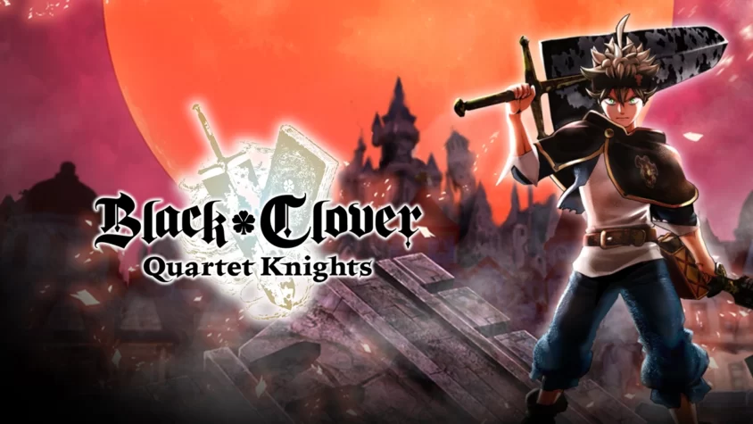 Black Clover: Quartet Knights - Обложка Обложка игры Black Clover: Quartet Knights с персонажем, стоящим на фоне разрушенного города и красного неба