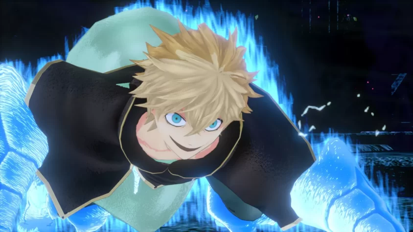 Персонаж из игры Black Clover: Quartet Knights использует магию, создавая светящиеся синие энергетические потоки
