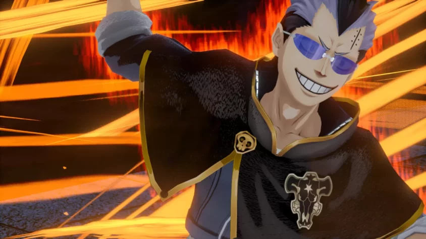 Персонаж из игры Black Clover: Quartet Knights с яркой улыбкой и очками на фоне огненных взрывов