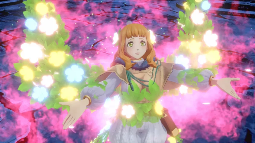 Персонаж из игры Black Clover: Quartet Knights использует магию цветов, создавая светящиеся растения