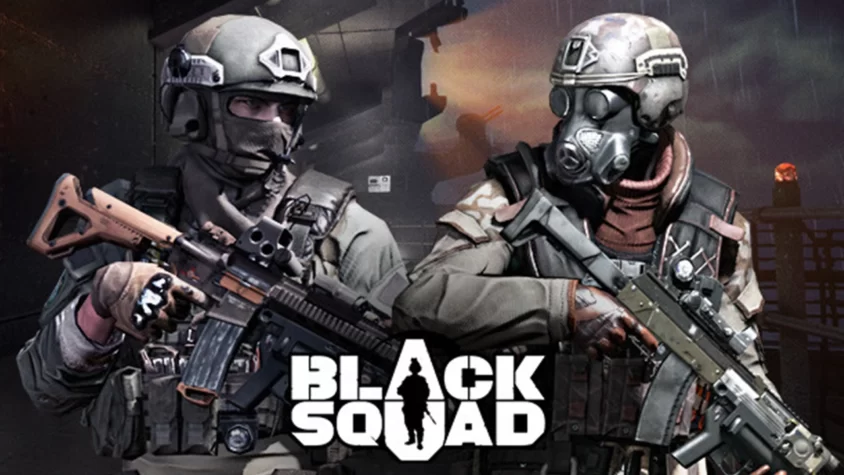 Обложка игры Black Squad с двумя персонажами в военной форме и вооружением