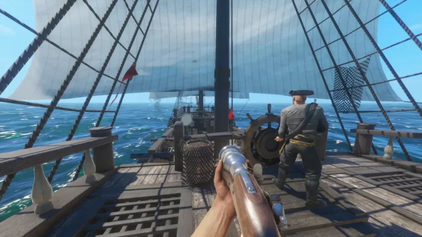 Персонаж с ружьём на палубе пиратского корабля в игре Blackwake