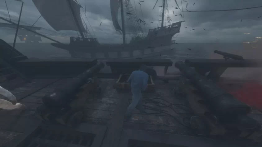 Персонаж перезаряжающий пушку на палубе корабля в Blackwake в бурю