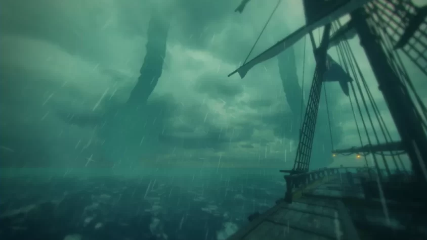 Корабль в игре Blackwake в момент бури и шторма с водоворотами