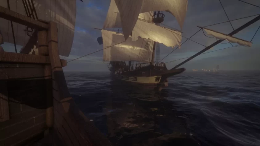 Вид с палубы пиратского корабля на другой корабль в Blackwake в спокойном море