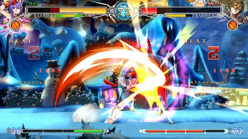 Бой в BlazBlue Centralfiction, персонажи сражаются на снежном фоне