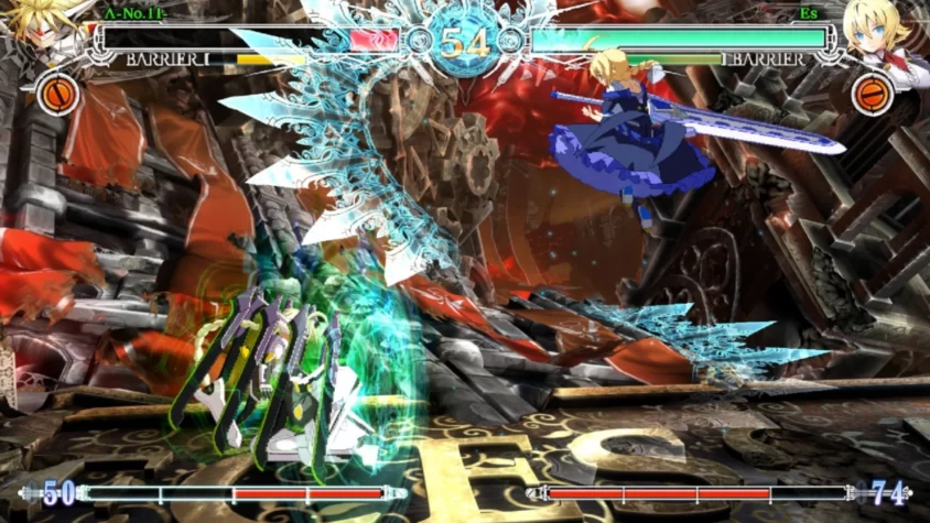 Бой в BlazBlue Centralfiction, персонажи сражаются на фоне разрушенного мира