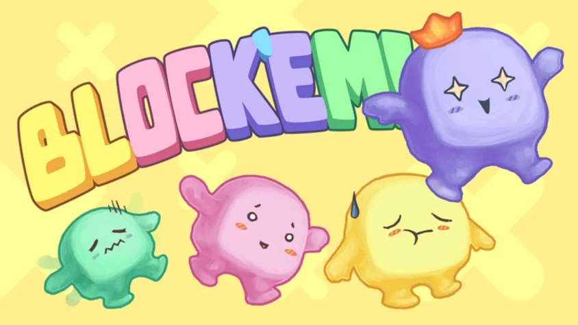 Обложка Block'Em! — когда кубики тоже чувствуют Обложка игры Block'Em! с милыми разноцветными существами, выражающими гамму эмоций от паники до самодовольства